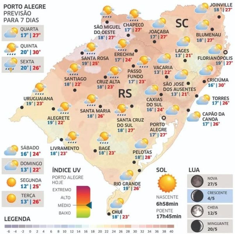 Chuva retorna ao Rio Grande do Sul nesta quarta-feira, com instabilidade avançando pelo estado